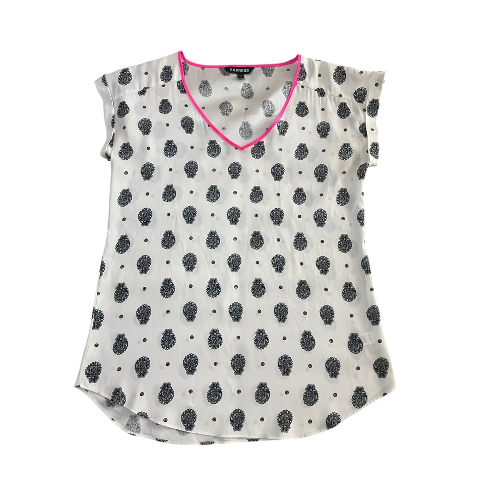 Express Womens White Black Paisley V-Neck Blouse Neon Pink Trim Size M (1033)